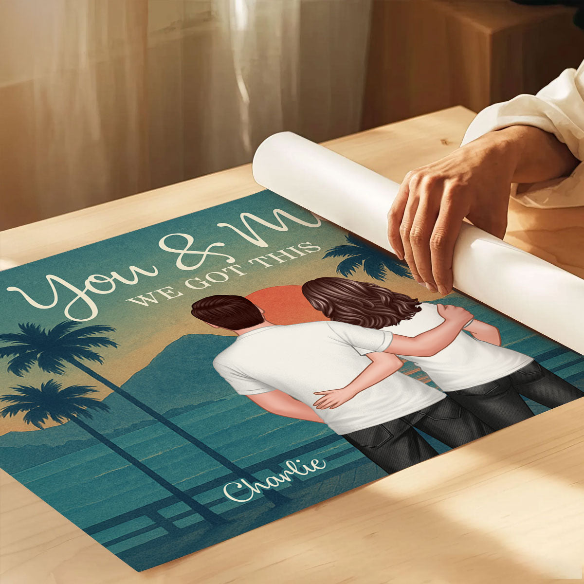 Retro Back View Couple Standing Hugging Personalized Poster, Anniversary gift for him, for her