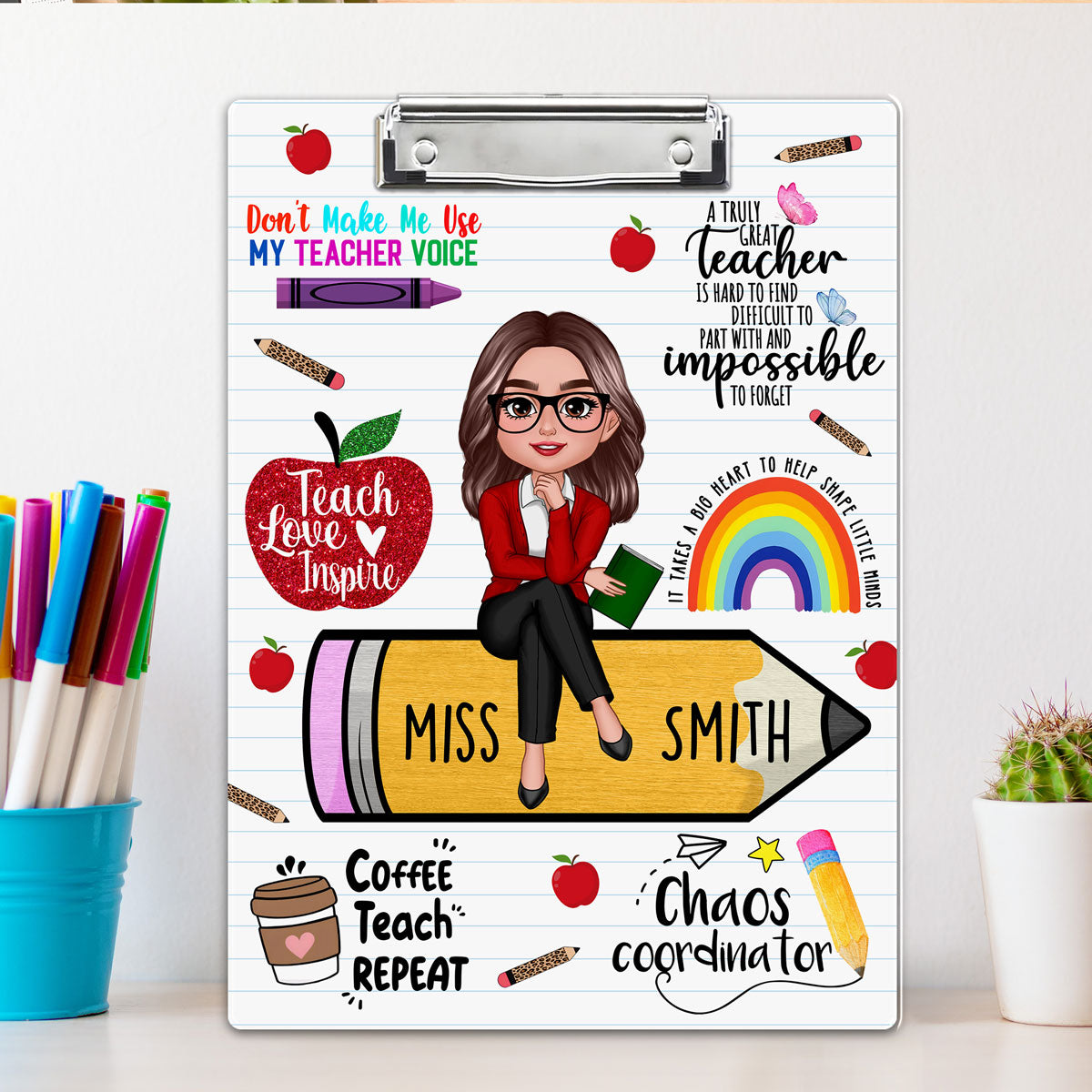 Teacher Sitting On Pencil Personalized Clipboard, Appreciation Gift