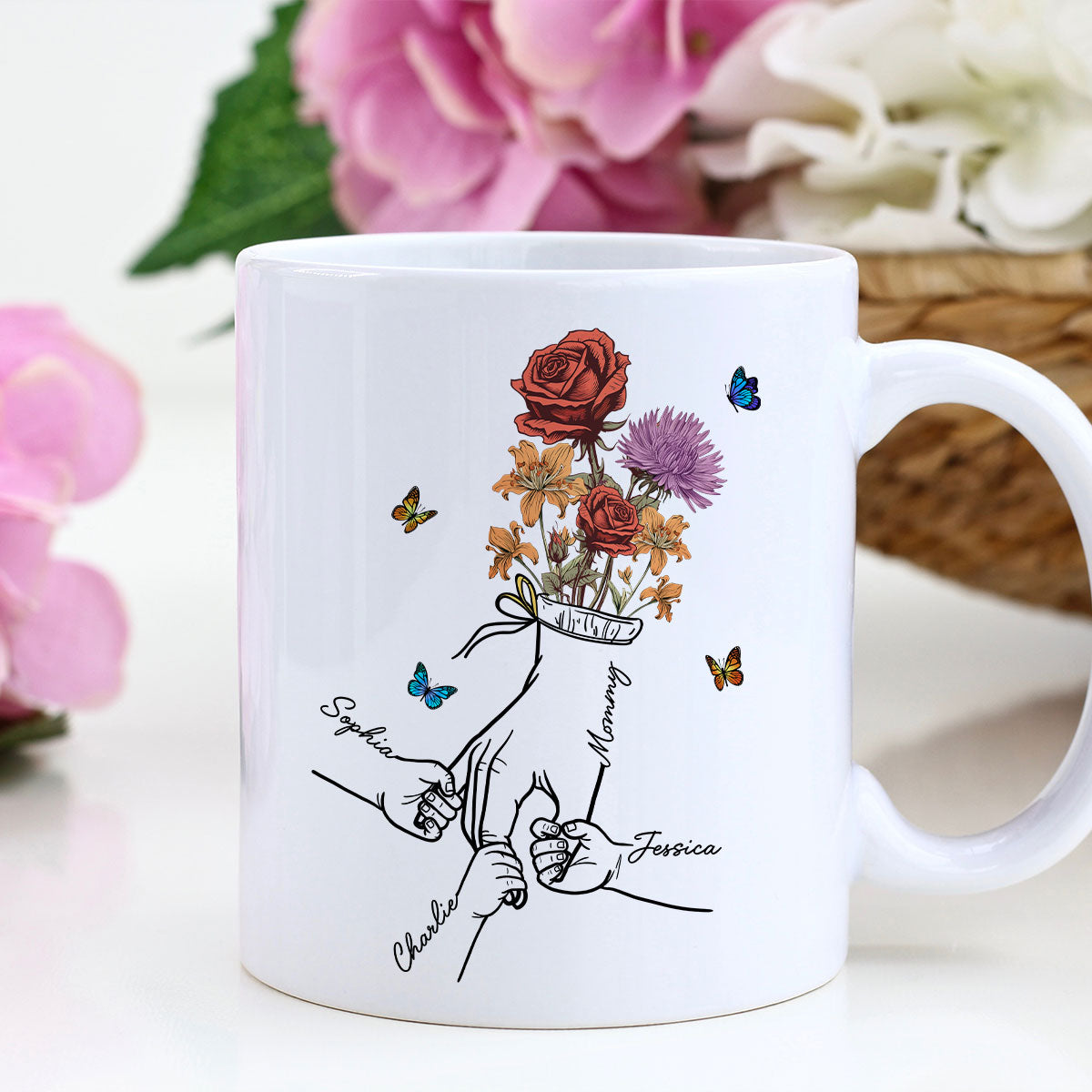 Holding Mom Grandma Hand Birth Month Flowers Personalized Mug