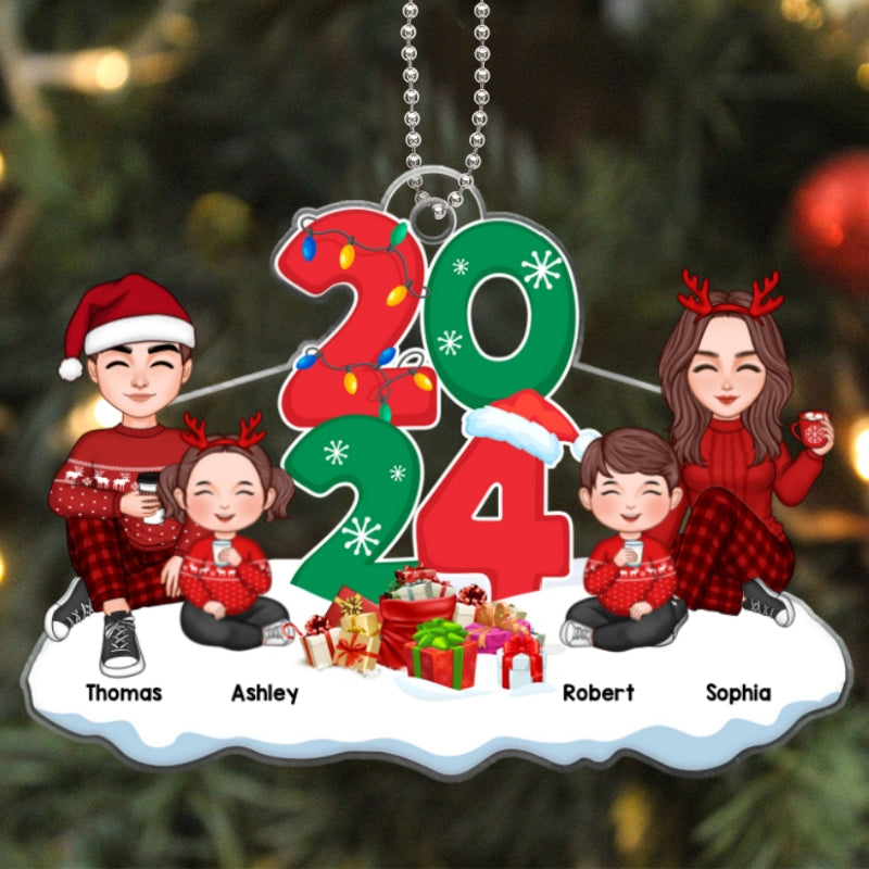 Cute Family Dad Mom Kids Dogs Cats Sitting By 2024 Christmas Personalized Acrylic Ornament