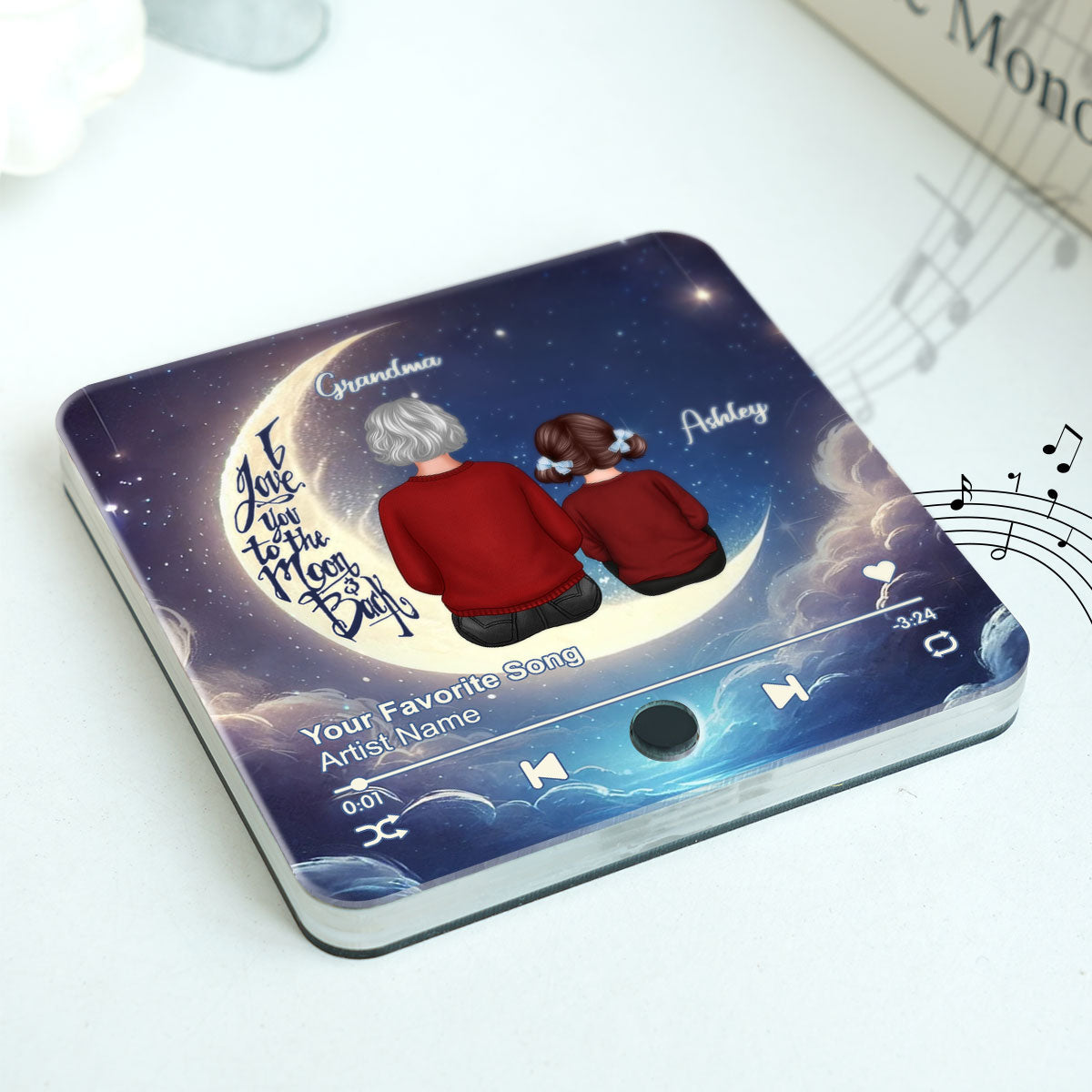 Grandma & Grandkids Sitting On The Moon Personalized Music Fridge Magnet, Perfect 2025 Gift For Mom For Grandma