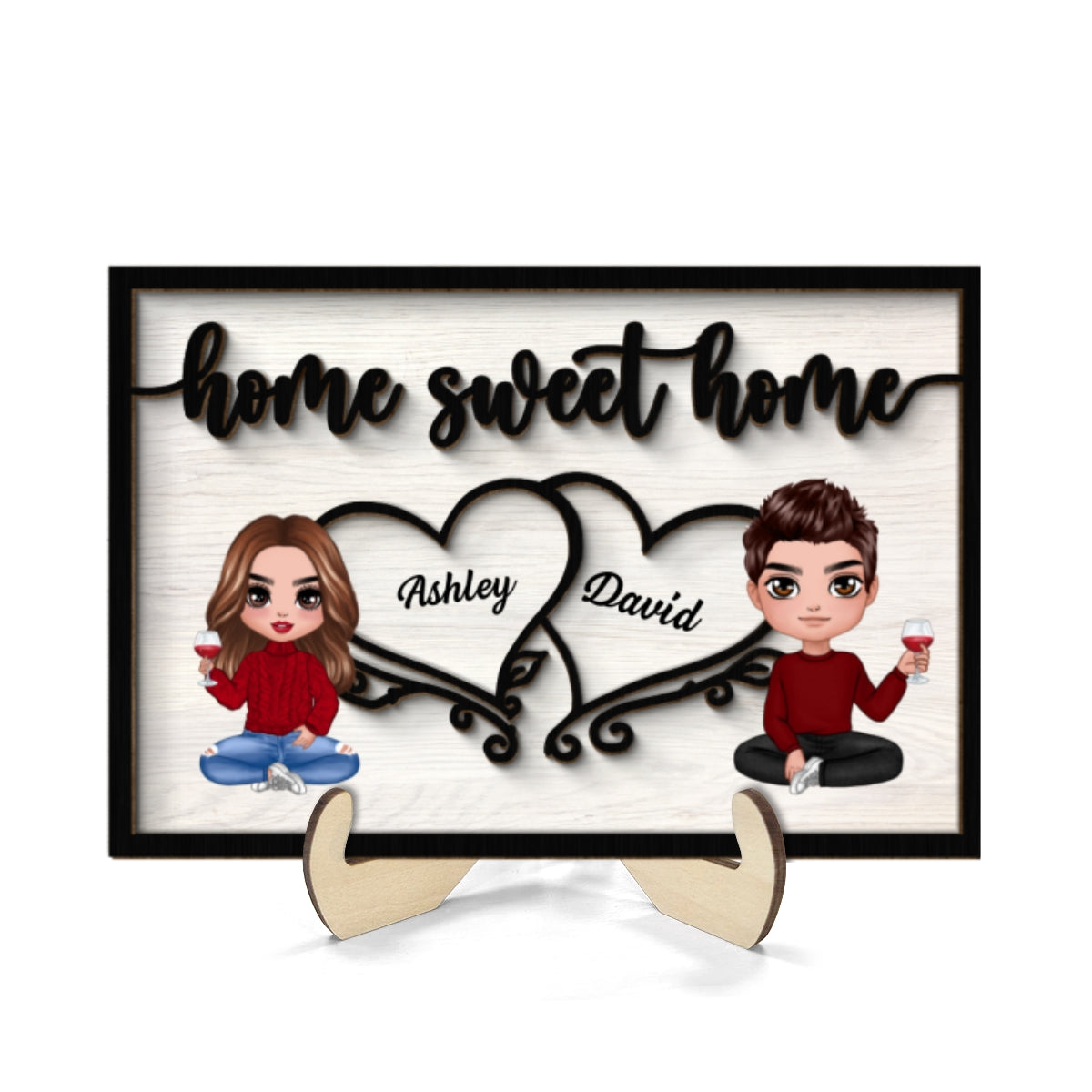 Couple Sitting Home Sweet Home Valentine‘s Day Gift For Him For Her Personalized 2-Layer Wooden Plaque