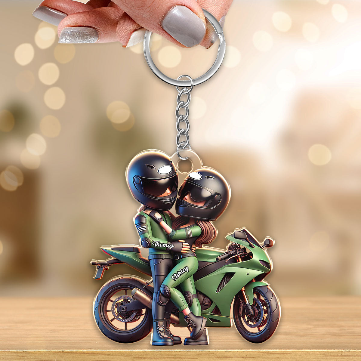 3D Effect Motorcycle Pretty Cartoon Couple Personalized Acrylic Keychain, Anniversary Birthday Gift For Him, For Biker Couple