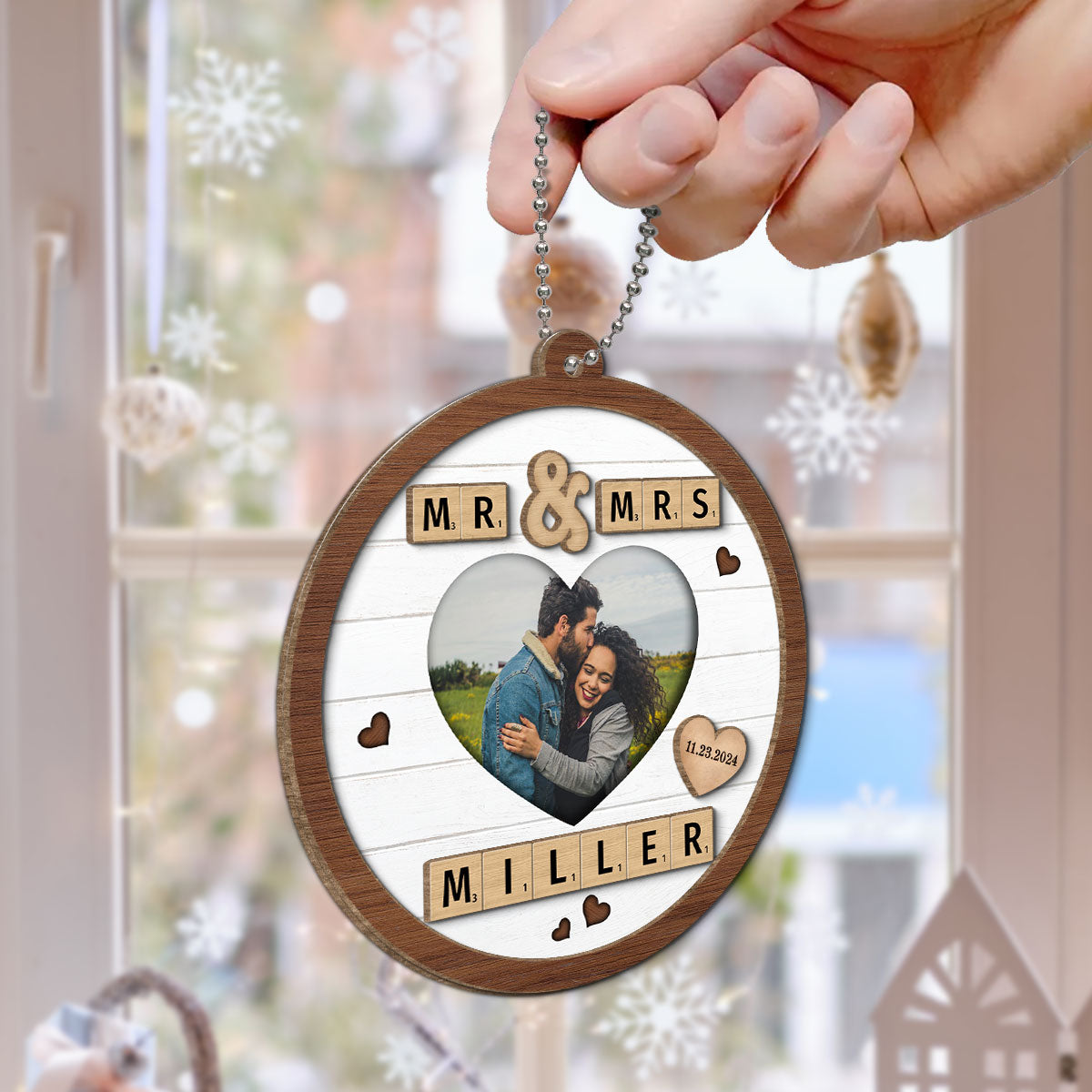 Mr & Mrs First Christmas Engaged Married Word Art Personalized 2-Layer Wooden Ornament