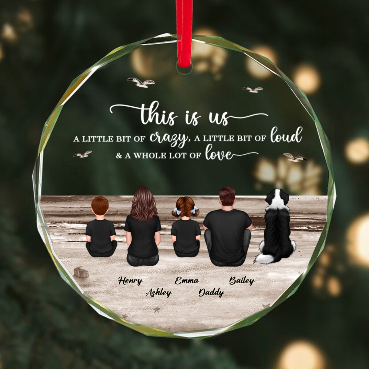 Family Sitting Back View Retro Vintage Beach Landscape Personalized Circle Glass Ornament