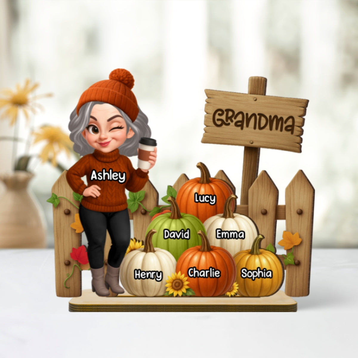 Grandma Fall Season Standing At Fence Pumpkins Personalized Standing Wooden Plaque