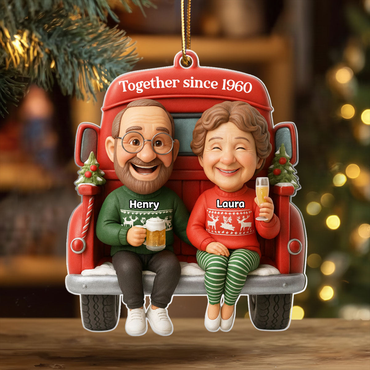 Old Couple Sitting on Christmas Truck - Personalized Acrylic Ornament - Christmas Gift for him, Gift for her