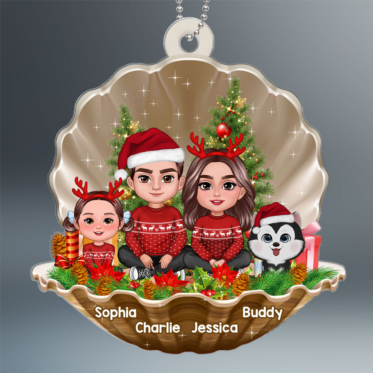Christmas Pearl Shell Family Sitting Crossed Legs Personalized Acrylic Ornament