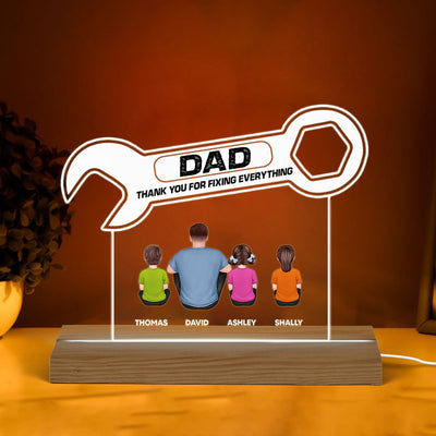 Thanks Dad For Fixing Everything Wrench Shape Back View Man Kids Dog Cat Father‘s Day Gift Personalized Warm Custom Shape Acrylic Plaque LED Night Light