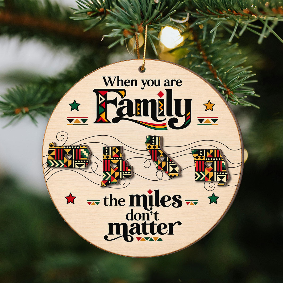 Tribal Pattern Family Miles Don't Matter Long Distance - Personalized 2-Layered Wooden Ornament - Christmas Gift For Family Members