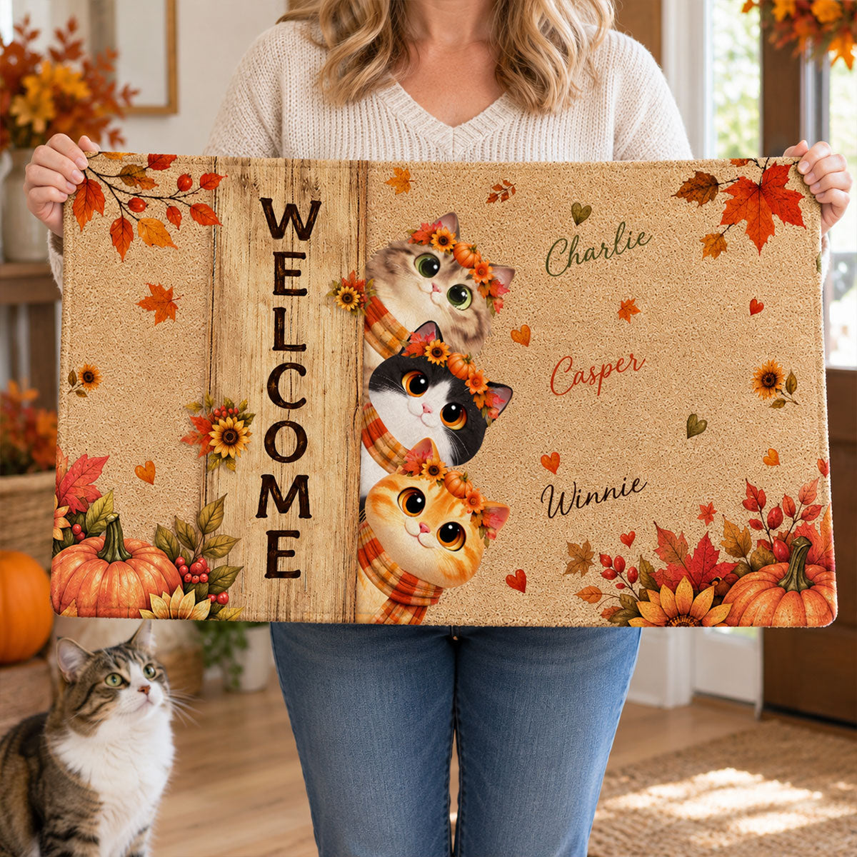 Cozy Fall Cat Welcome - Personalized Doormat - Fall Season Decoration