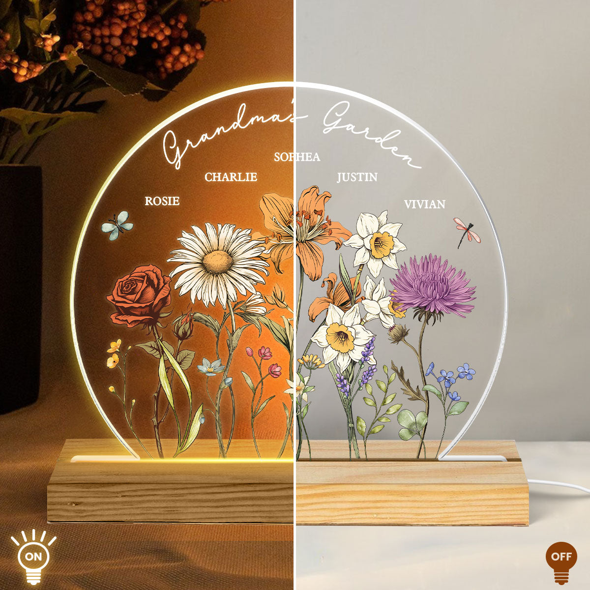 Grandma's Garden Birth Month Flower Personalized Circle LED Night Light, Christmas Gift For Mom, Gift For Grandma