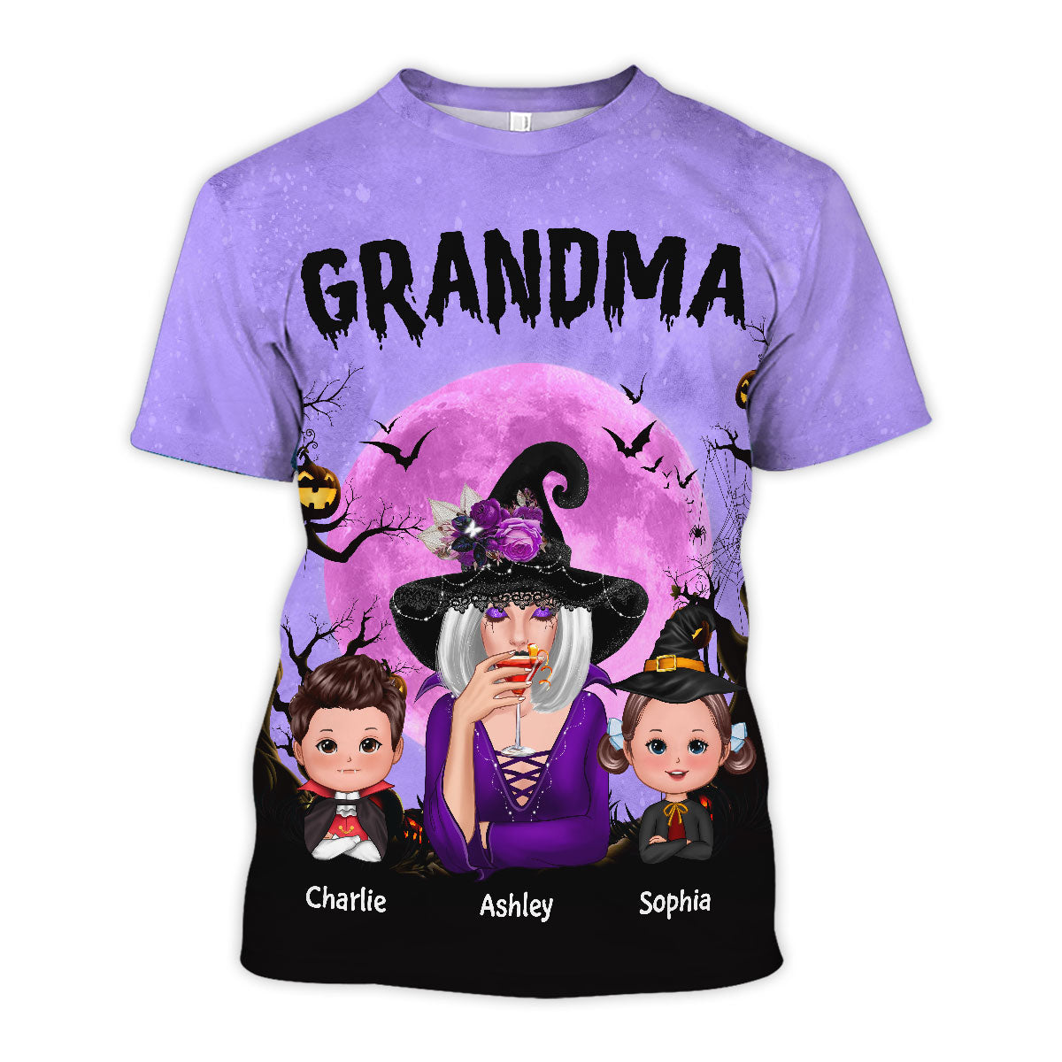 Grandma Witch & Kids Moon Bat Tree Personalized Shirt, Halloween Costume for Grandma