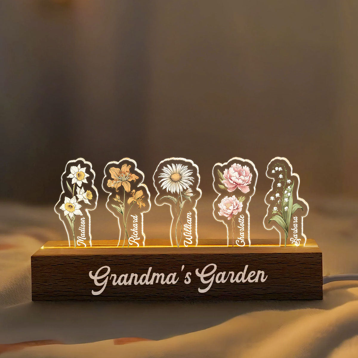 Customized Birth Month Flower 3D LED Night Light, Grandma Garden With Kids Name Gifts, Gift From Grandkids, Nana Gifts