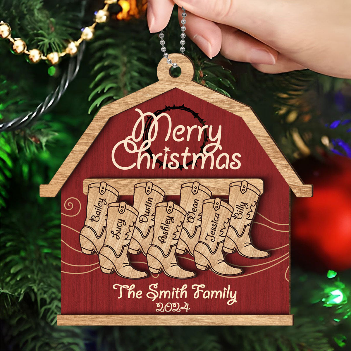 Cowboy Boot Family Names Personalized 2-Layer Wooden Ornament