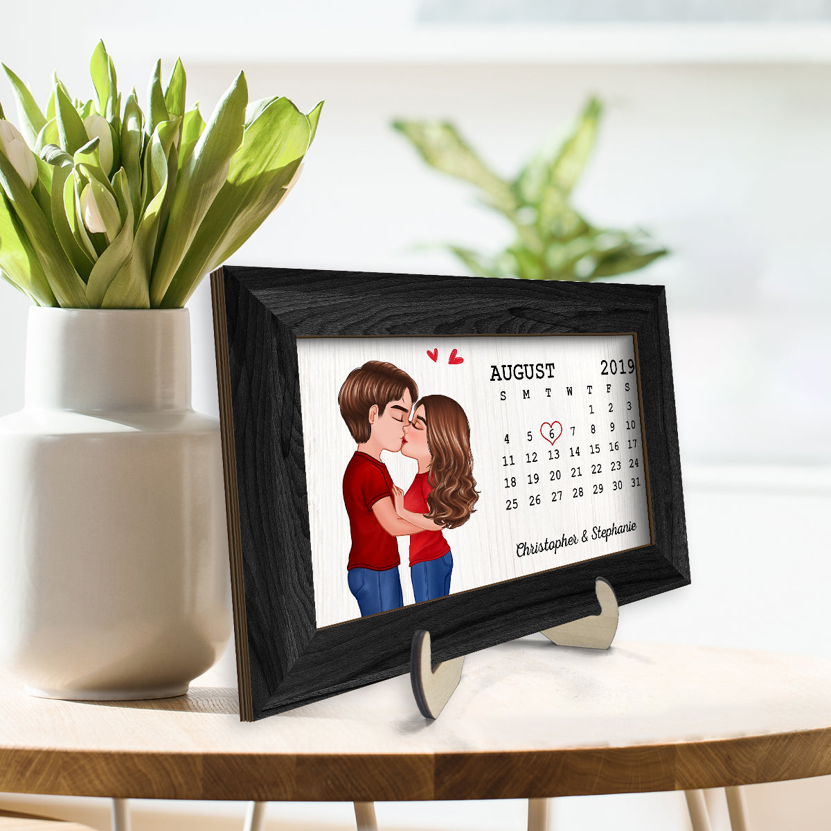 Couple Kissing Anniversary Calendar Personalized 2-layer Wooden Plaque