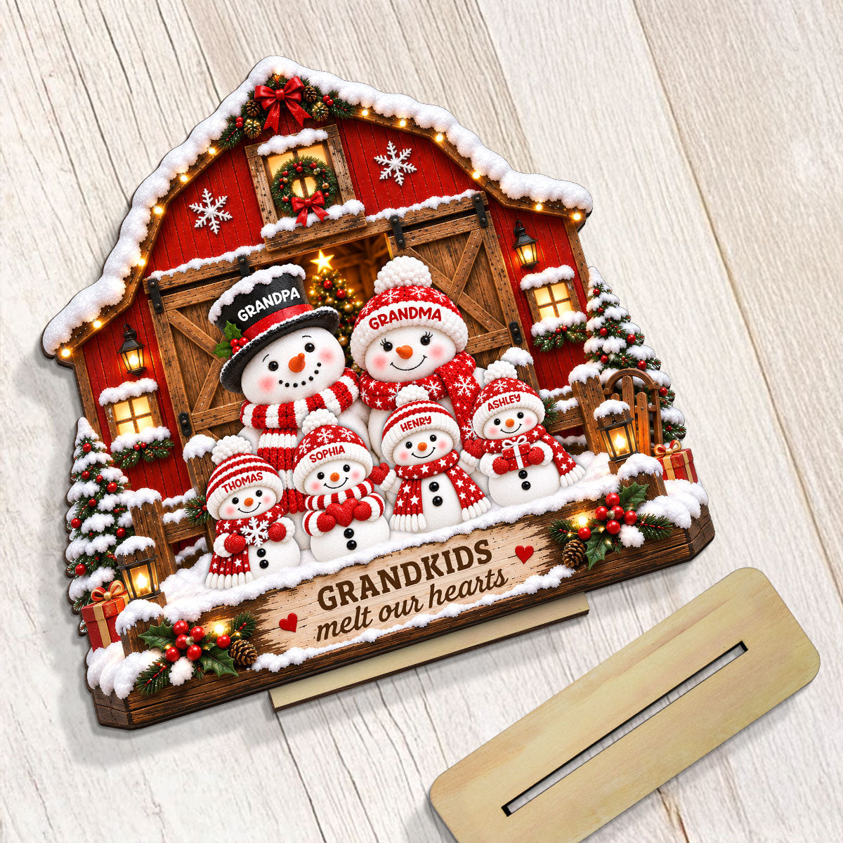 Heartwarming Christmas Snowman Grandpa Grandma Grandkids Barn House - Personalized 2-Layered Wooden Plaque - Christmas Gift For Grandparents, Grandparents House Decor