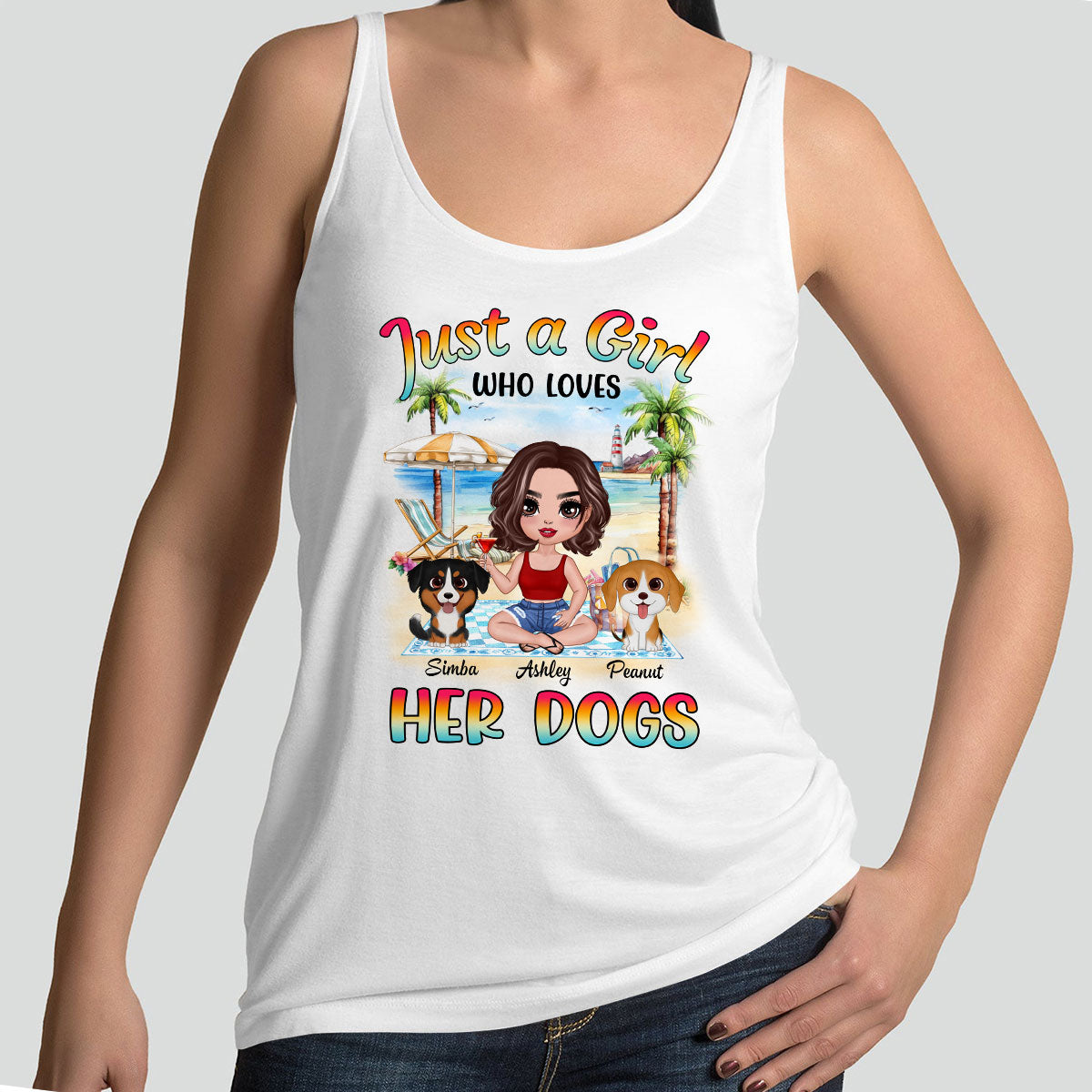 Summer Doll Woman Sitting With Watercolor Cute Dogs Personalized Tank Top Shirt
