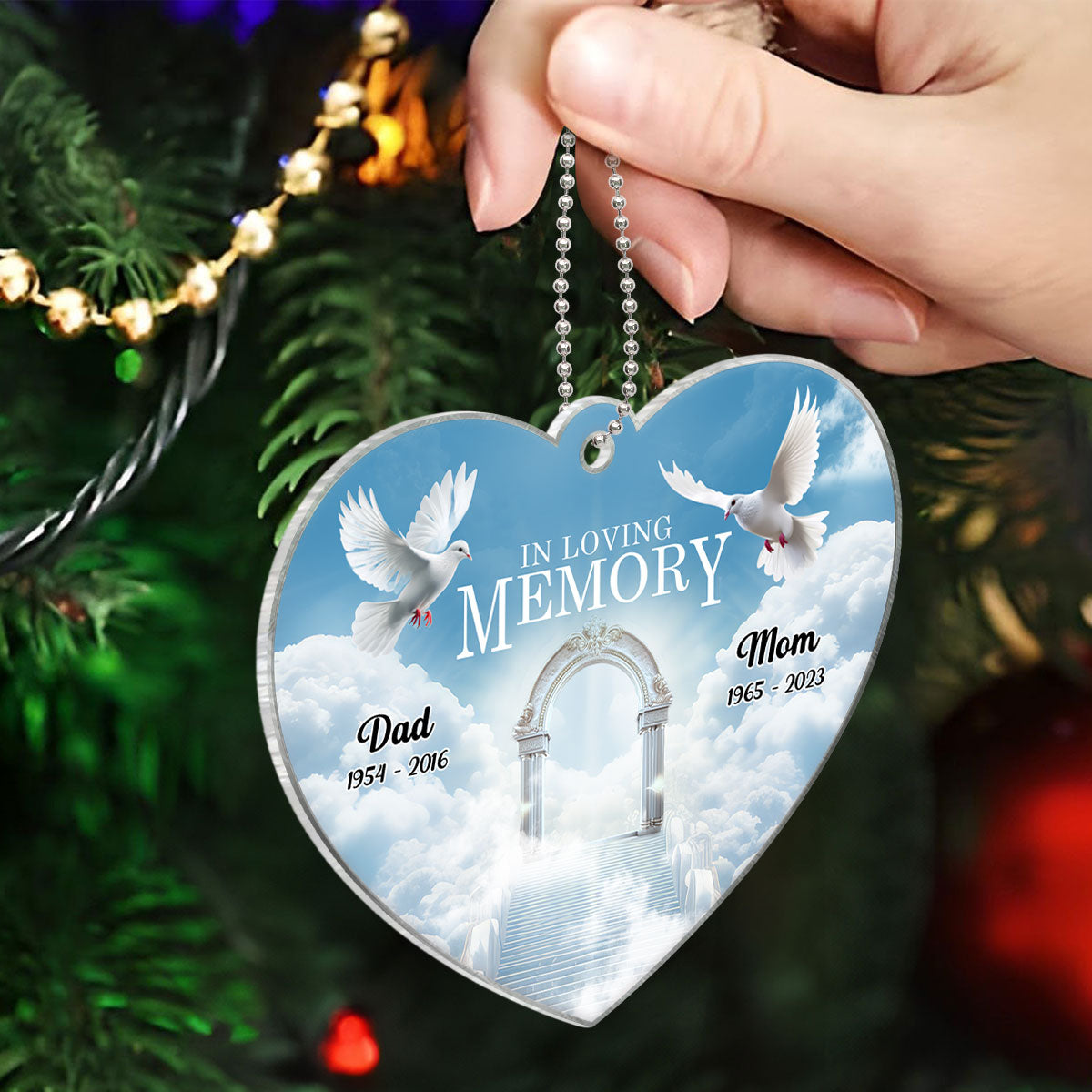 White Doves In Loving Memory Personalized Heart Shaped Acrylic Ornament