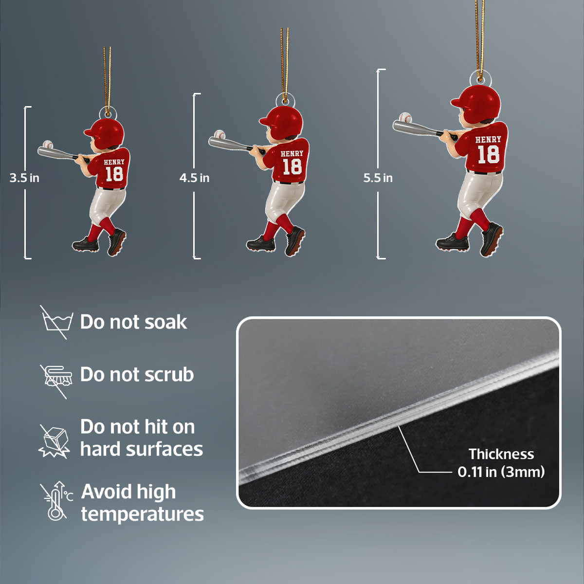Personalized Baseball Player Ornament, Kid Hitting Ball, 3D Effect Acrylic Ornament