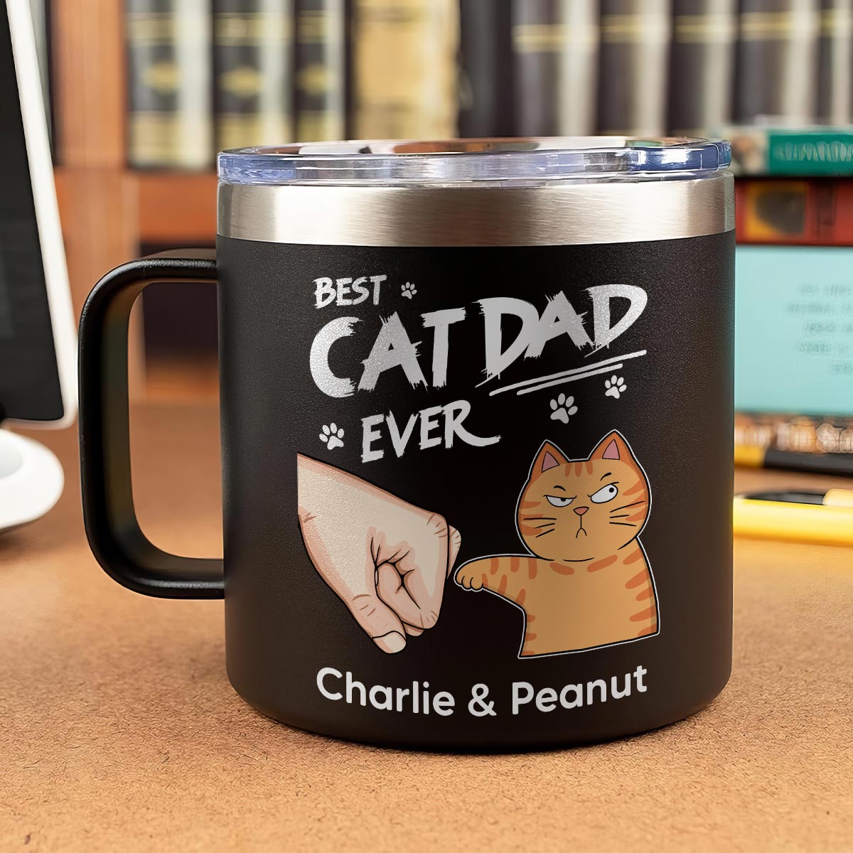 Best Cat Dad Ever Fist Bump Personalized Stainless Steel Tumbler With Handle, Birthday Gift For Cat Lovers, Father's Day Gift or Just Because