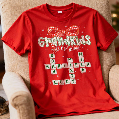 Grandkids Make Life Grand Coquette Floral Pattern Crossword Puzzle Art - Personalized Shirt