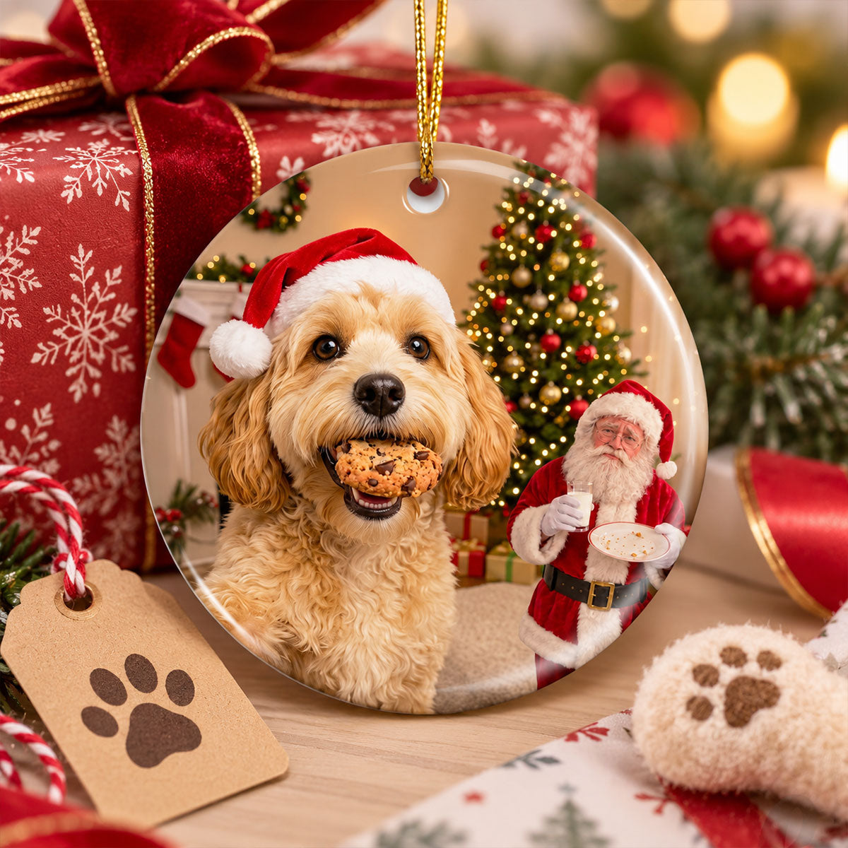 Dog Steal Cookie From Santa Upload Pet Photo - Personalized Ceramic Ornament - Funny Gift For Dog Lovers