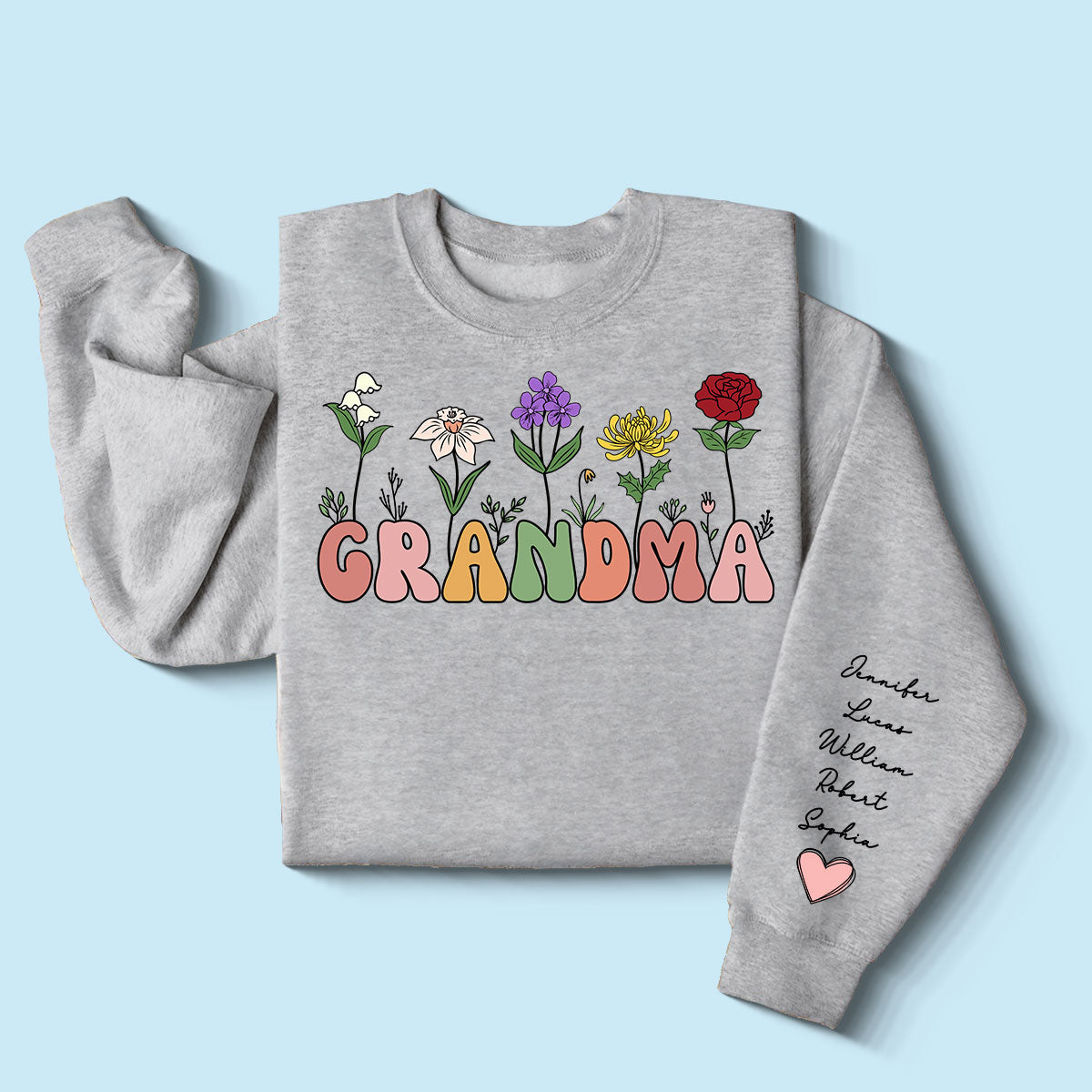Grandma Retro Birth Month Flower Gift Personalized Sleeve Printed Sweatshirt