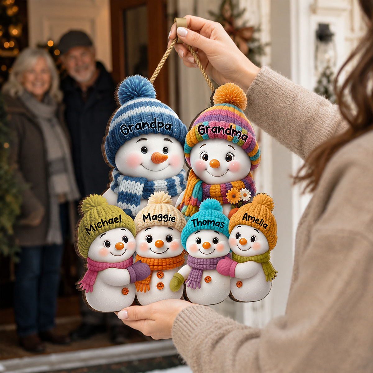 Snowman Grandparents and Grandkids - Personalized Wooden Door Sign - Cozy Christmas Decor for Grandparents