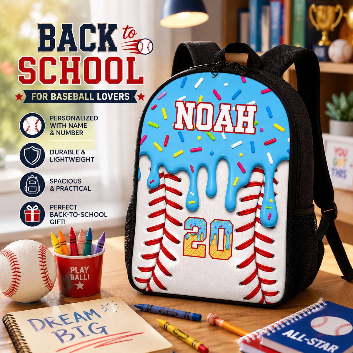 Baseball Drip Custom Name & Number - Personalized Backpack - Back To School Gift For Baseball Lovers, Baseball Players, Son, Daughter, Grandson, Granddaughter