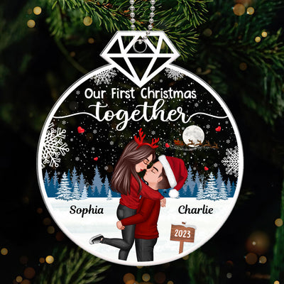 Our First Christmas Ring Shape Doll Couple Hugging Kissing Personalized Acrylic Ornament