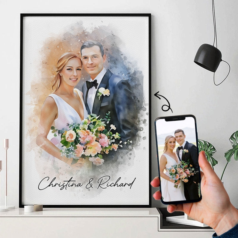 Watercolor Couple Portrait Personalized Poster, Anniversary, Father's Day Gift for him