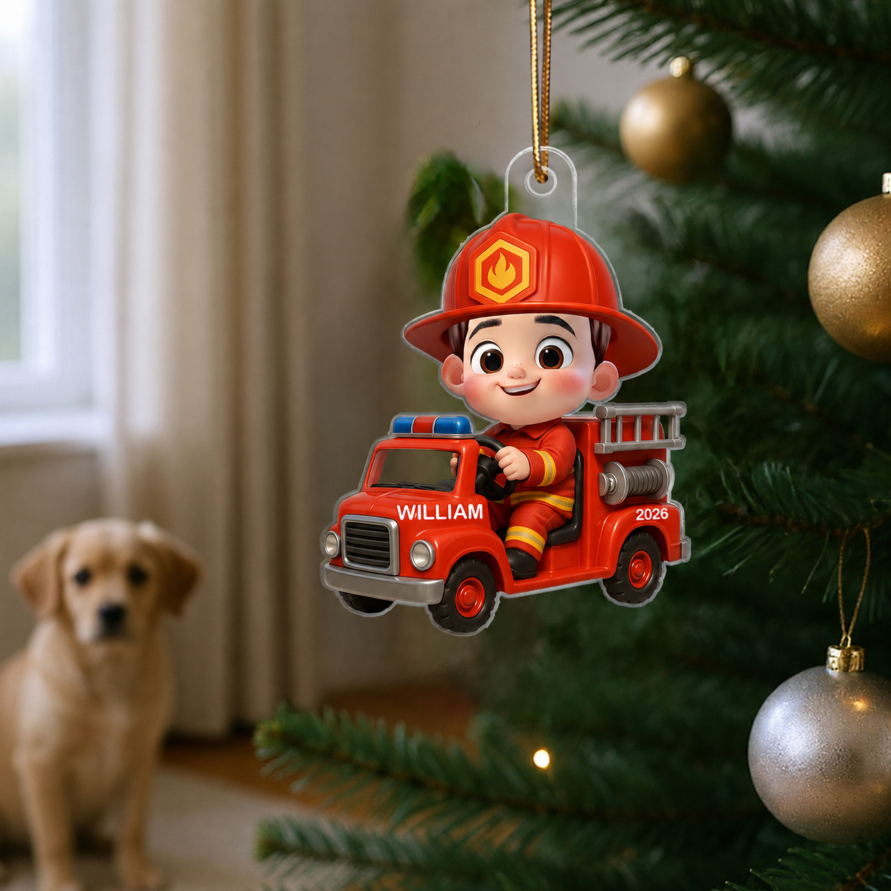 3D Effect Little Kid Boy Dream Job Firefighter Christmas Personalized Acrylic Ornament
