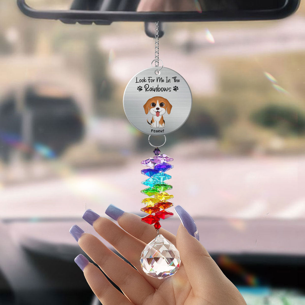 Dog Pet Memorial Look For Me In The Rainbows Personalized Crystal Suncatcher With Aluminum Charm