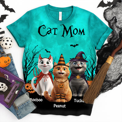 Cat Mom Halloween Moon Light Bat Tree Cartoon Cat Personalized Shirt, Purrfect Costume for Cat Lover