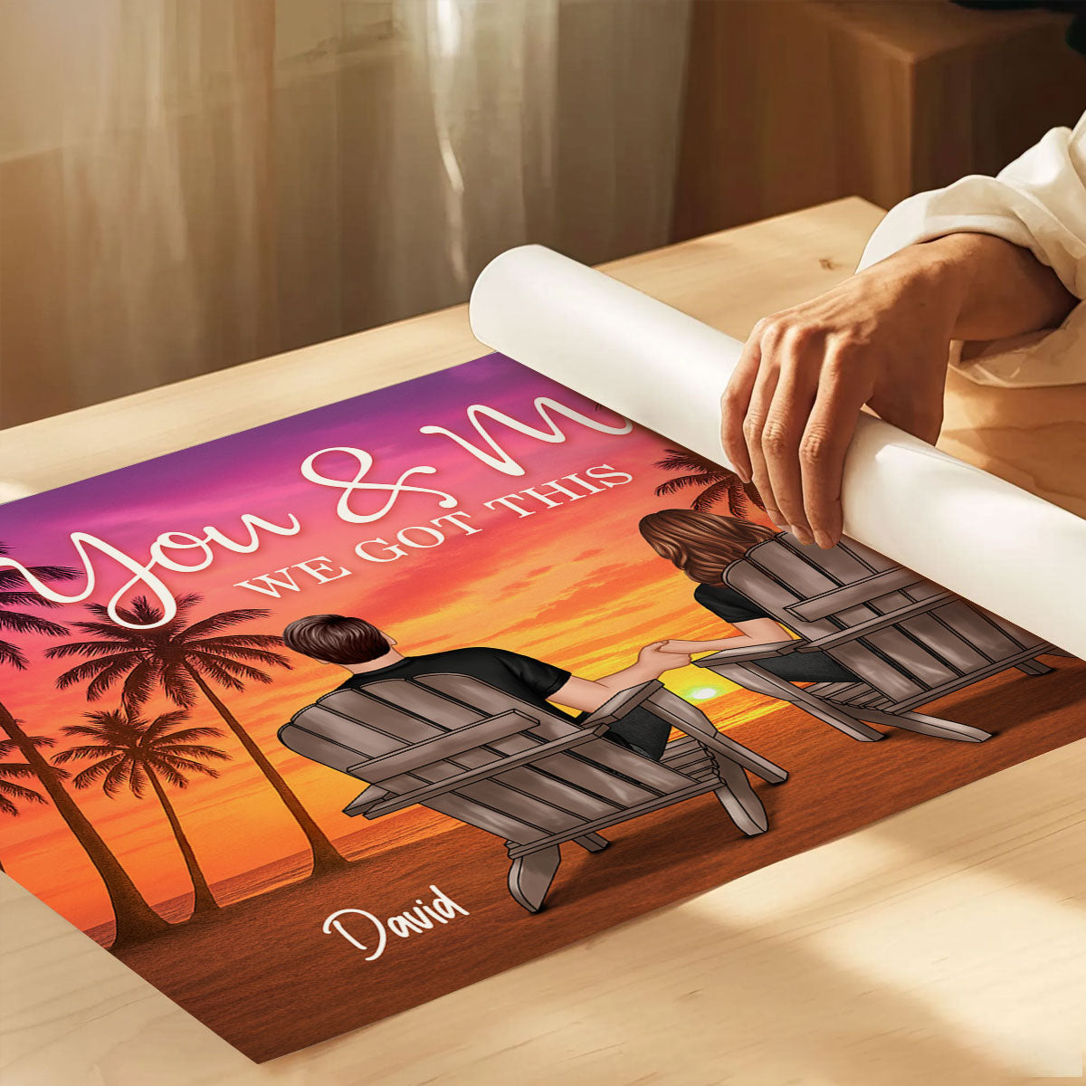 Couple Beach Sunset Under Tree Palm Personalized Poster, Anniversary gift for him, for her