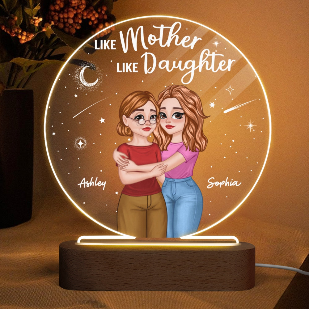 Mother Daughter Hugging Cartoon Under Starry Night Personalized Circle Acrylic Plaque With LED Night Light