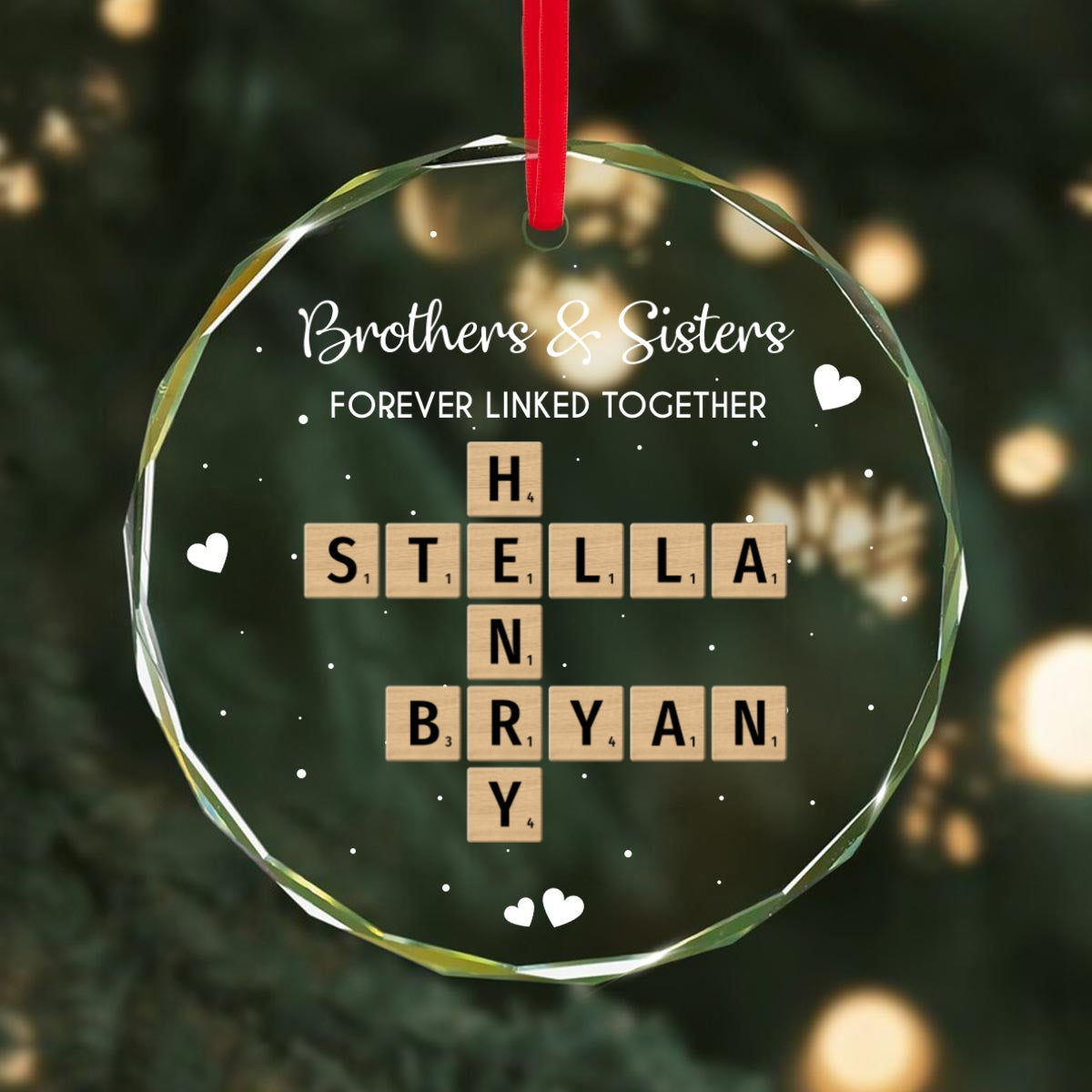 Brothers Sisters Siblings Forever Linked Together Crossword Puzzle Art - Personalized Glass Ornament - Gift For Siblings