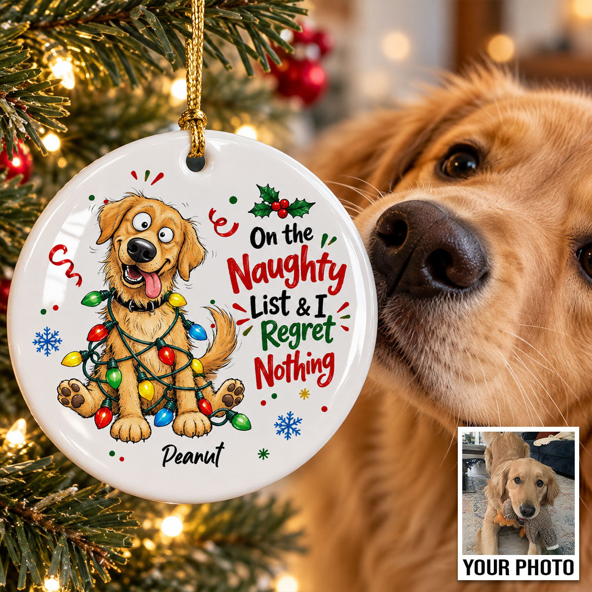 On The Naughty List Regret Nothing Quirky Dog Portrait From Your Custom Pet Photo - Personalized Ceramic Ornament - Funny Christmas Gift For Dog Lover