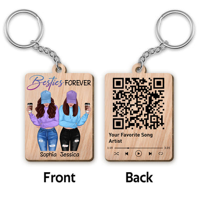 Front View Besties Favorite Song Scannable QR Code Personalized Wooden Keychain