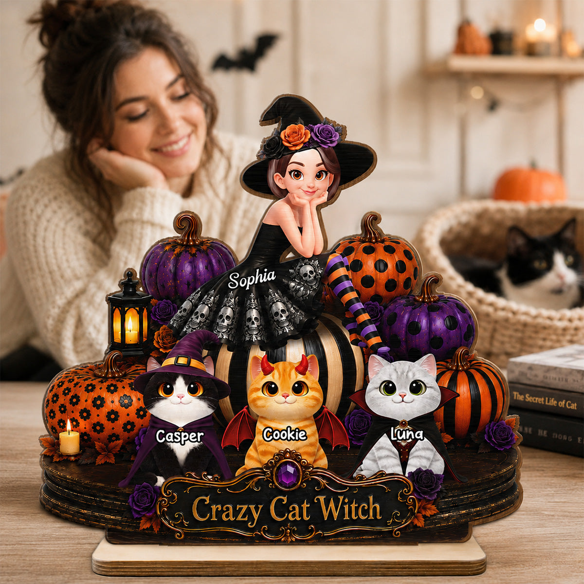 Pretty Cat Witch 2D Flat - Personalized Wooden Plaque - Halloween Decoration