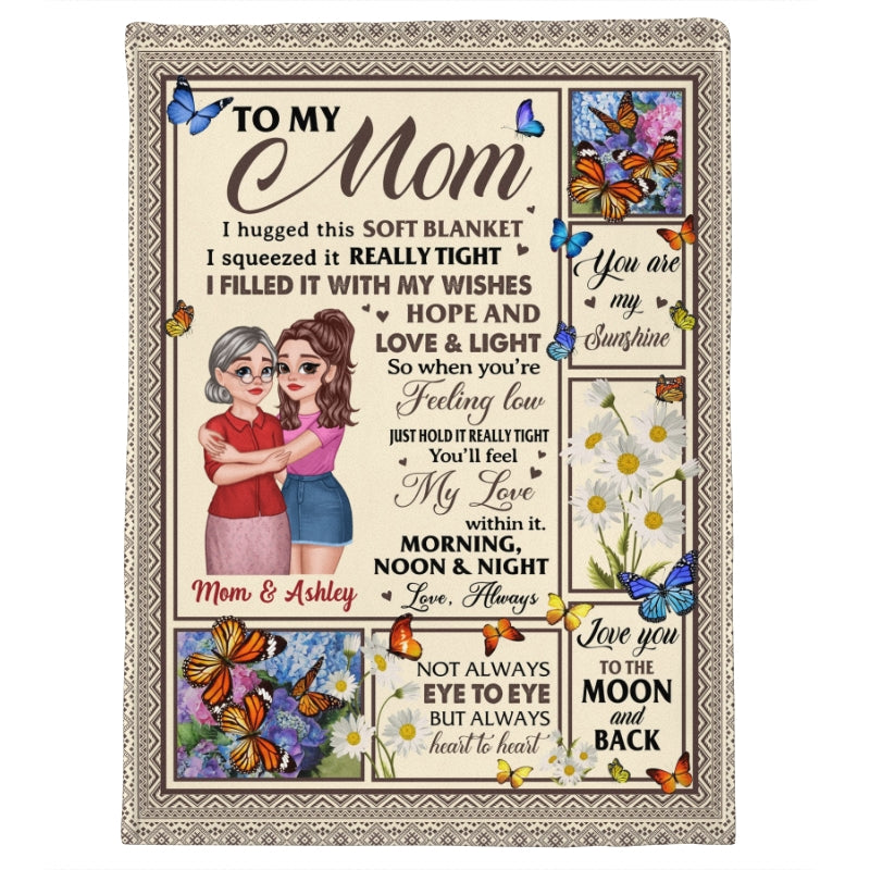 Feel My Love Within Hugging Cartoon Mom Daughter Flower Butterfly Personalized Fleece Blanket