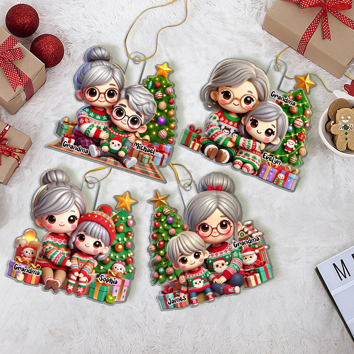 Cute Grandma Grandkid Christmas Tree And Gifts Personalized Acrylic Ornament