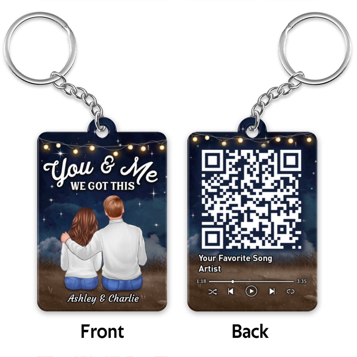 Doll Couple Sitting Back View Night Light String Favorite Song QR Code Personalized Acrylic Keychain