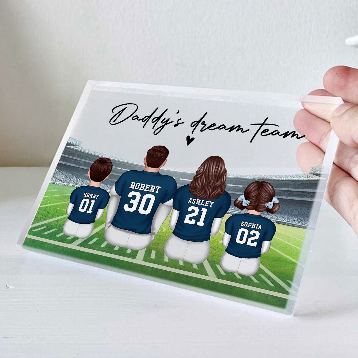 Daddy's Team Football Family Sitting Back View Personalized Acrylic Block, Father's Day Gift