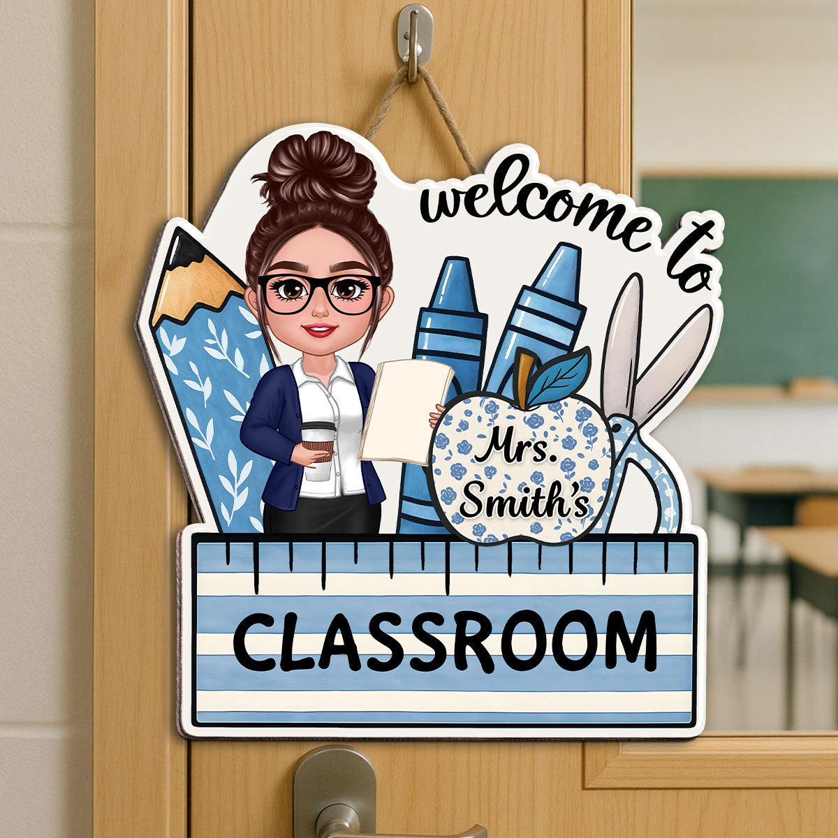 Welcome To Teacher Classroom Blue Floral Personalized Door Sign