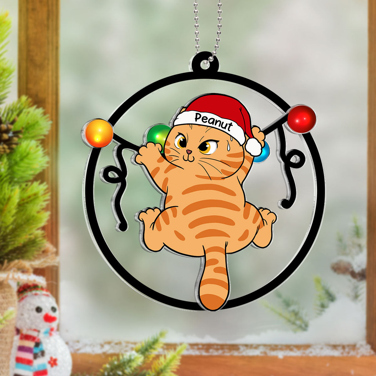 Cat Swinging Christmas Lights Personalized 2-Layer Acrylic Ornament, Christmas Decoration