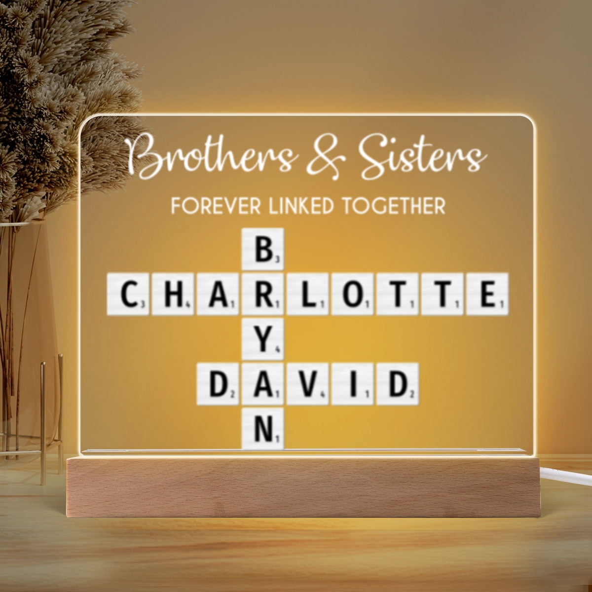 Brothers & Sisters Forever Linked Together Crossword Puzzle Art Personalized Acrylic Warm LED Night Light, Perfect Gift For Brothers, Sisters, Siblings, Family