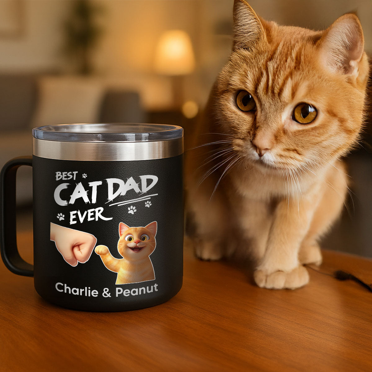 Best Cat Dad Ever Personalized Stainless Steel Tumbler With Handle, Unique 2025 Father's Day Gift For Cat Lovers