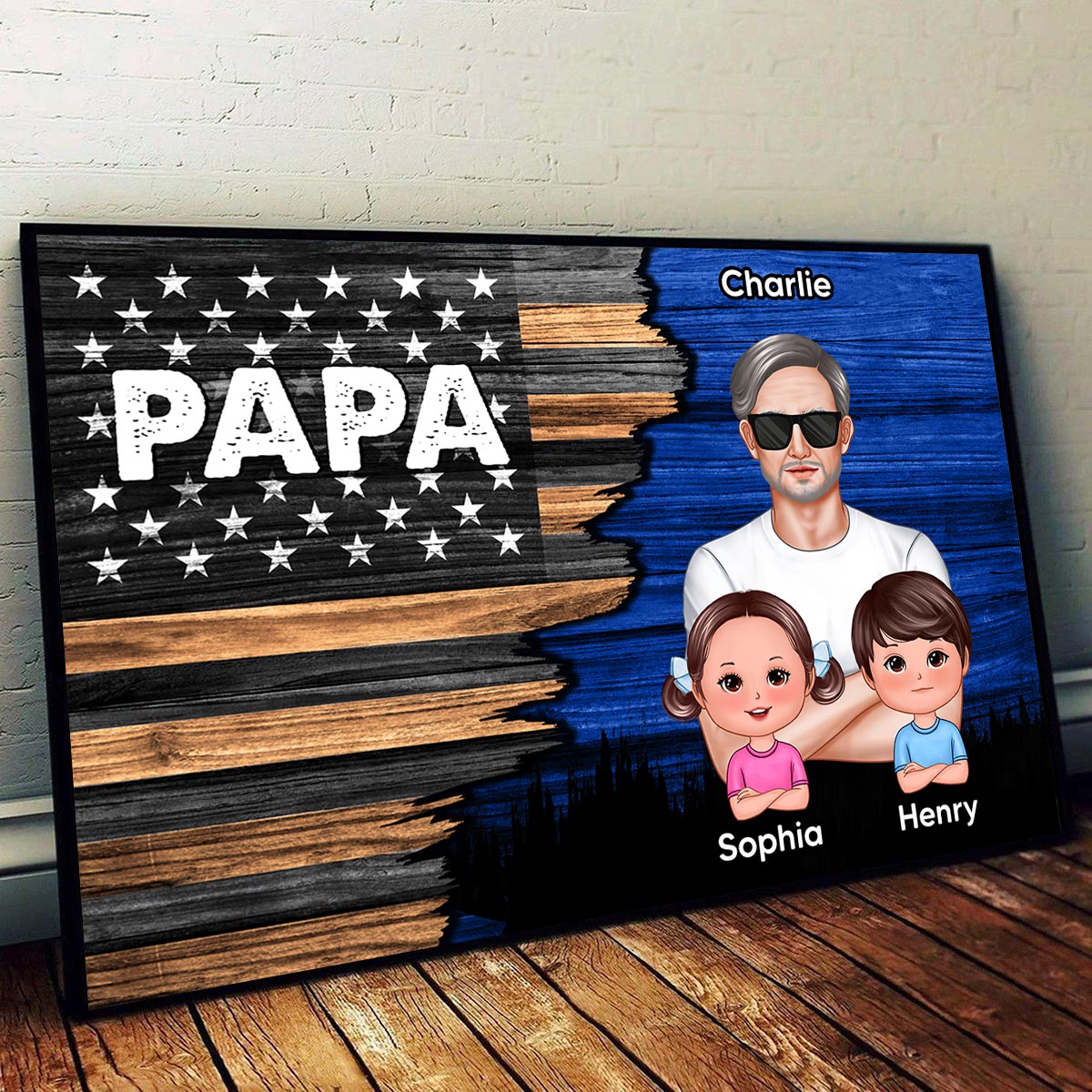 Dad Grandpa Papa Man & Kids Half Nation Flag Personalized Horizontal Poster, Father's Day Gift For Husband Dad Grandpa